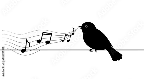Silhouette of a small black bird perched on a thin line singing musical notes emanating from its beak