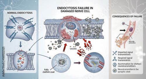 Comparative illustration of normal versus failed endocytosis at a synaptic terminal showing consequences for nerve cell signal transmission