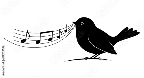 Chirping blackbird silhouette singing a melody with musical notes flowing from its beak