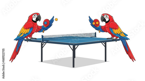 Parrot Ping Pong Match: Two vibrant parrots engage in a lively ping pong match, showcasing their unique skills on the table and demonstrating the joy of game. 