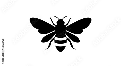 Stylized black silhouette of a bee with striped abdomen and spread wings on a white background