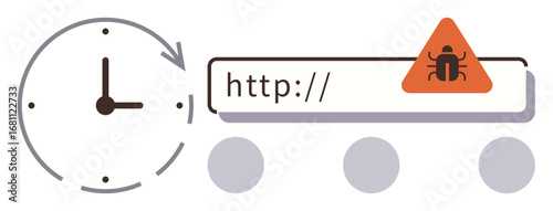 URL bar with caution sign indicating malware, bug, or virus threat clock symbolizing urgency or delayed response. Ideal for cybersecurity, internet safety, scanning, risk management, antivirus