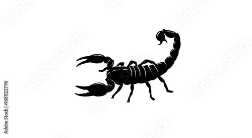 Silhouette of a black scorpion with raised tail and claws against a clean white background