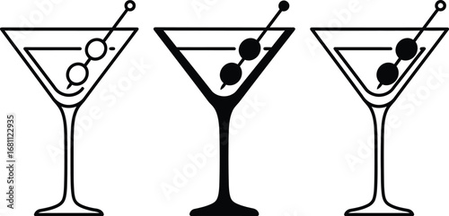 Three martini glasses with olive garnish in black and white minimalist vector illustration design style