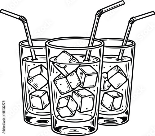 Three glasses of iced drinks with straws in black and white line art style illustration design view