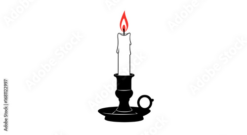 A single tall white candle in a vintage black candlestick with a flickering orange flame
