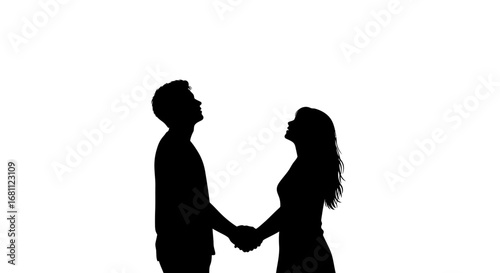 Silhouetted couple holding hands looking upwards together against a bright white background
