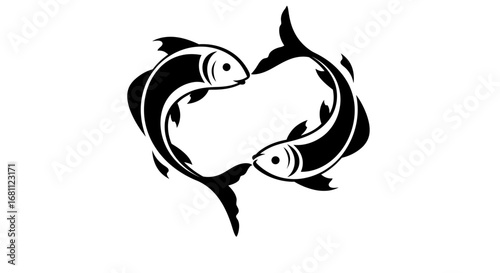 Stylized black and white pisces zodiac symbol featuring two fish swimming in a circular pattern against a white background