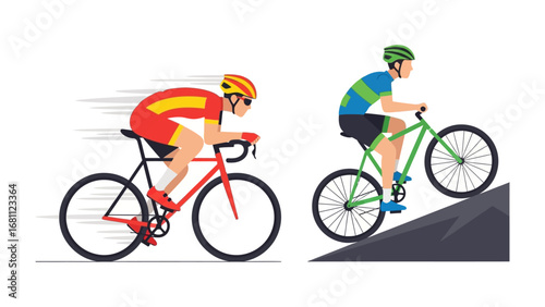 Cycling Ascent: A dynamic illustration captures the essence of cycling, with a road cyclist cutting through air and a mountain biker navigating a steep incline, embodying both speed and challenge.