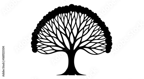 Stylized silhouette of a deciduous tree with intricate branching patterns and a rounded canopy against a white background