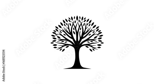Stylized black silhouette of a deciduous tree with a full canopy of leaves on a white background