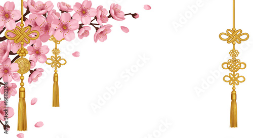 Cherry blossoms with gold Chinese knots and tassels
