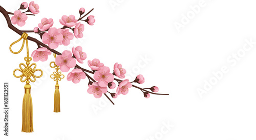 Pink cherry blossoms and golden tassels on a branch