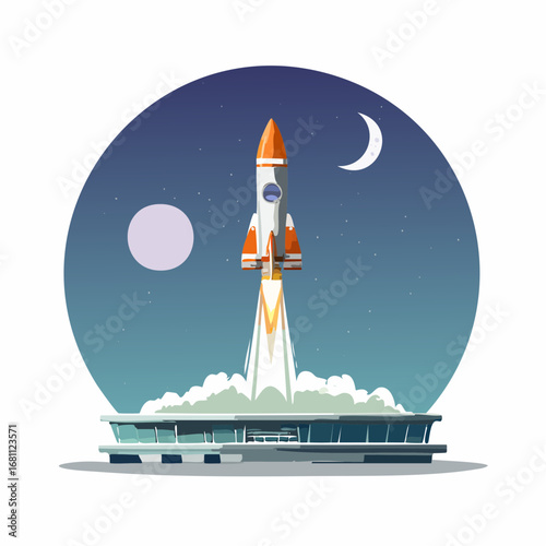 A rocket launching into space from a modern launchpad, with a moon and stars in the night sky, symbolizing progress and exploration