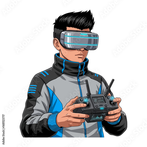 VR Enthusiast: A futuristic image of a young individual immersed in a virtual reality experience, wearing a sleek VR headset and skillfully controlling a remote controller