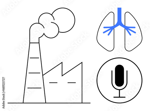 Factory emitting smoke, lungs with bronchial detail, and microphone circle highlight air pollution, health impacts, and communication. Ideal for environment, pollution, health awareness