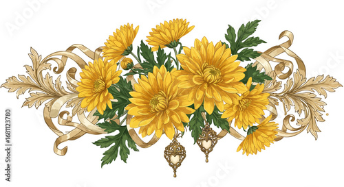 Floral arrangement with yellow chrysanthemums gold ribbons and ornate pendants