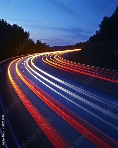 Vibrant nighttime highway scene showcasing dynamic light trails from speeding vehicles in motion