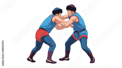 Wrestling Match in Action: Two competitors engage in a dynamic wrestling match, capturing the intensity and skill of the sport. Depicting the moment of action and athleticism.