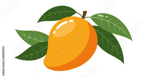 Vibrant ripe orange mango fruit with green leaves on a white background a healthy tropical food illustration