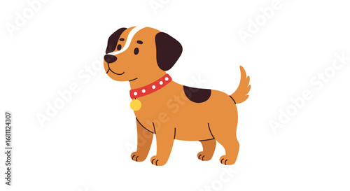Adorable cartoon puppy with brown fur black ears and a red collar standing on a white background
