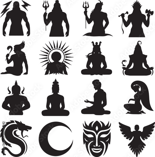 Diverse collection of black silhouette icons representing mythological figures and symbols