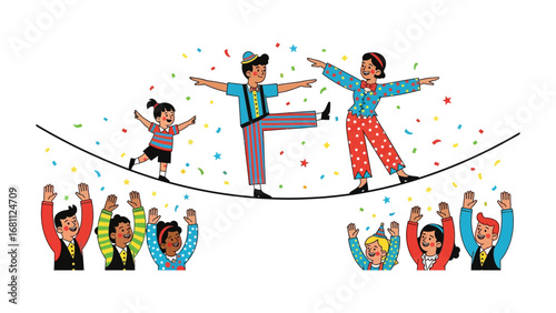 Circus Performers' Balancing Act: Captivating circus artists engage in a breathtaking tightrope walk, delighting the audience with their skill and poise.