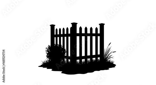 Silhouette of a rustic wooden picket fence section with overgrown grass and foliage against a white background