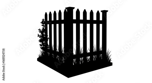 Silhouette of a weathered wooden picket fence with overgrown vines and a cross shape emerging from the top