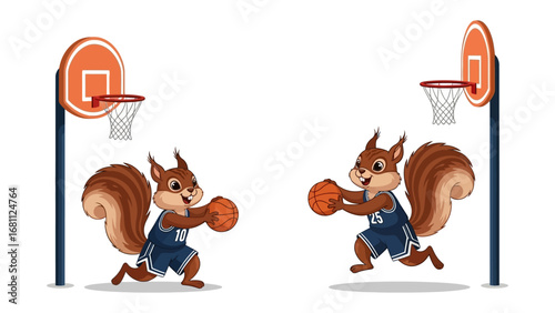 Basketball Squirrel Duo: Two spirited squirrels, clad in sporty attire, dribble basketballs towards hoops in a playful, animated depiction, embodying the zest of sportsmanship.