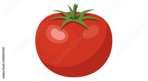 Vibrant red ripe tomato with green stem and leaves isolated on a clean white background