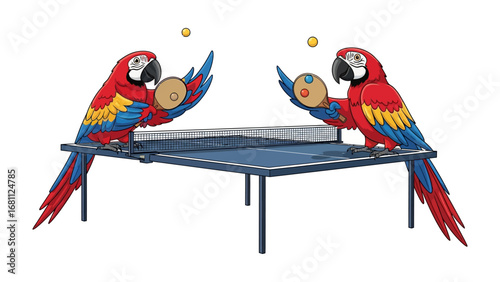 Parrot Ping Pong: Two vibrant parrots engaged in a playful match of table tennis, a charming illustration of leisure and avian athleticism.