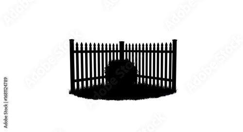 Silhouette of a solitary figure standing behind a dark imposing slatted fence on a white background