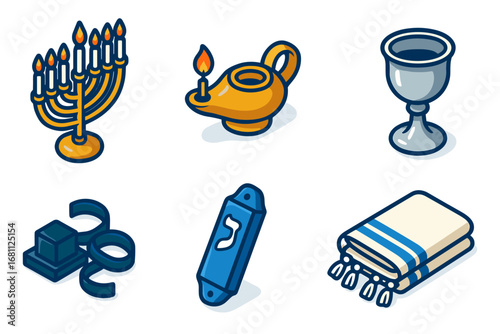 isometric judaism ceremonial objects icons – menorah, oil lamp, kiddush cup, tefillin, mezuzah, tallit