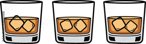 Three glasses of whiskey with ice cubes arranged in a row on a white background illustration