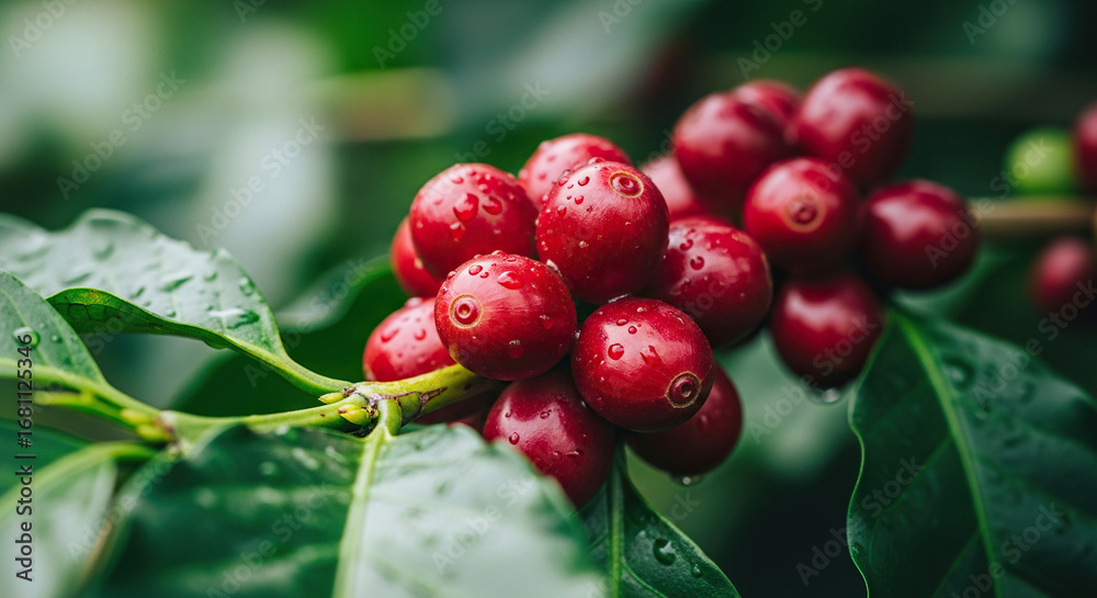 Obraz premium Freshly Grown Red Coffee Cherries on a Branch