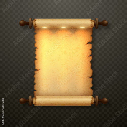 Realistic open parchment scroll with illumination, old paper roll isolated on light background. Ancient manuscript, treasure map or document sheet.