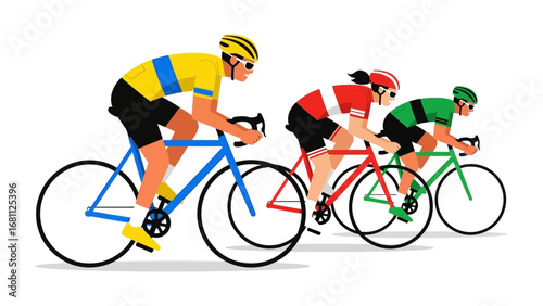 Pedal Pursuit: Dynamic illustration captures the fervor of competitive cycling, showcasing three cyclists in a race, each striving for victory in a burst of vibrant color and motion.