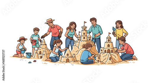 Building Sandcastles: A multigenerational family joyfully creates a picturesque scene by constructing unique sandcastles on the sandy shores.