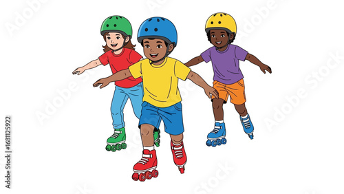Roller Skating Trio: Three young friends enjoy a day of skating, brightly dressed and safely helmeted, exemplifying youthful energy and carefree fun.