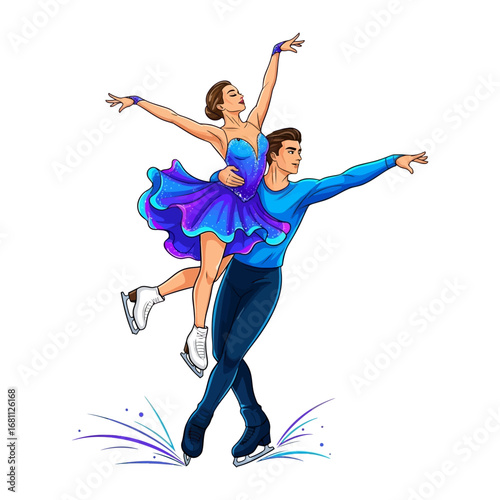 Graceful Dance on Ice: Captivating illustration of a skilled ice skater couple, their bodies intertwining in a display of skill and artistry. Evokes feelings of beauty, grace and synergy.