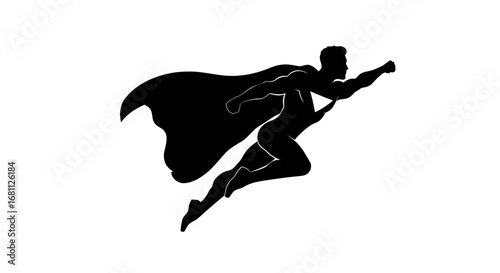 Dynamic silhouette of a heroic superhero flying through the air with a flowing cape