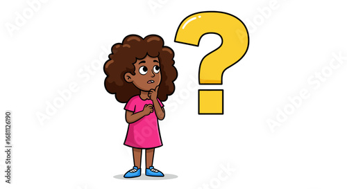Young african american girl with curly hair looking up at a large yellow question mark with a confused expression