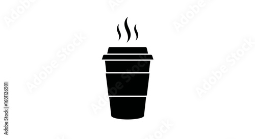Simple black silhouette of a steaming hot disposable coffee cup with a lid on a white background