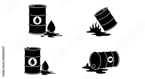 Set of four black and white illustrations depicting oil barrels with spills and leaks on a white background