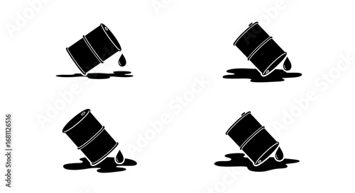 Four black oil barrels tipped over with liquid spilling out onto a white background in a simple sketch style