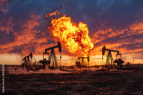 Fiery explosion at an oil extraction site during sunset Generative AI