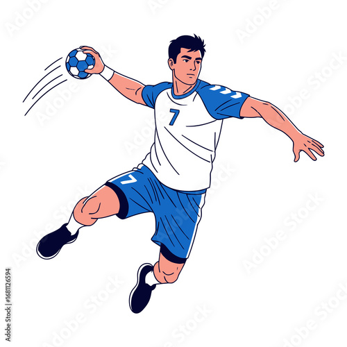 Handball Player in Action: A dynamic handball player is captured mid-throw in a vibrant vector illustration, ready to score a goal and showcasing the sport's athleticism and excitement.