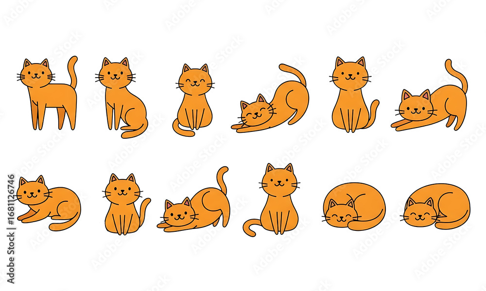 Fototapeta premium Playful Felines, A collection of cheerful, orange cartoon cats showcasing a variety of poses and activities, each brimming with personality and charm.