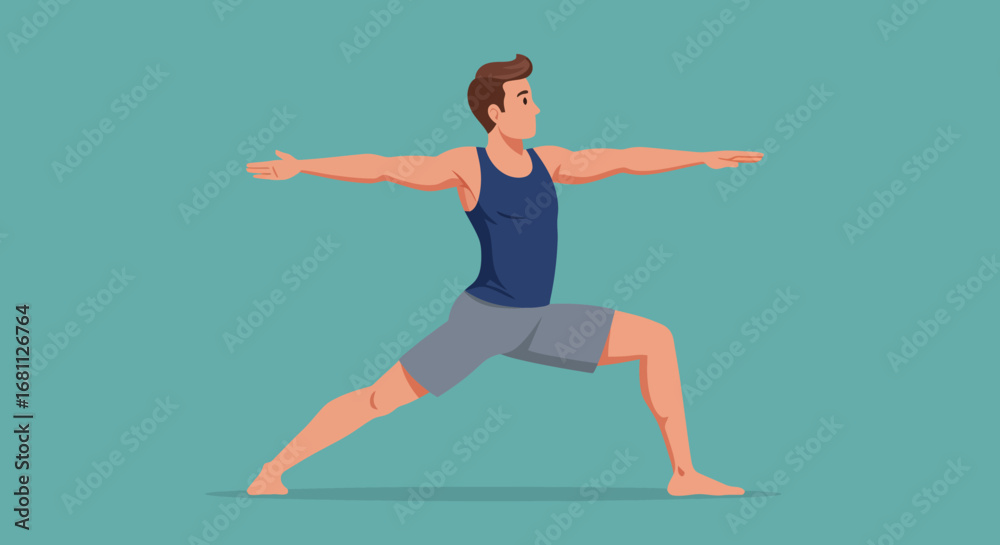 Obraz premium Fit athletic man in athletic wear practicing yoga warrior two pose on a teal background